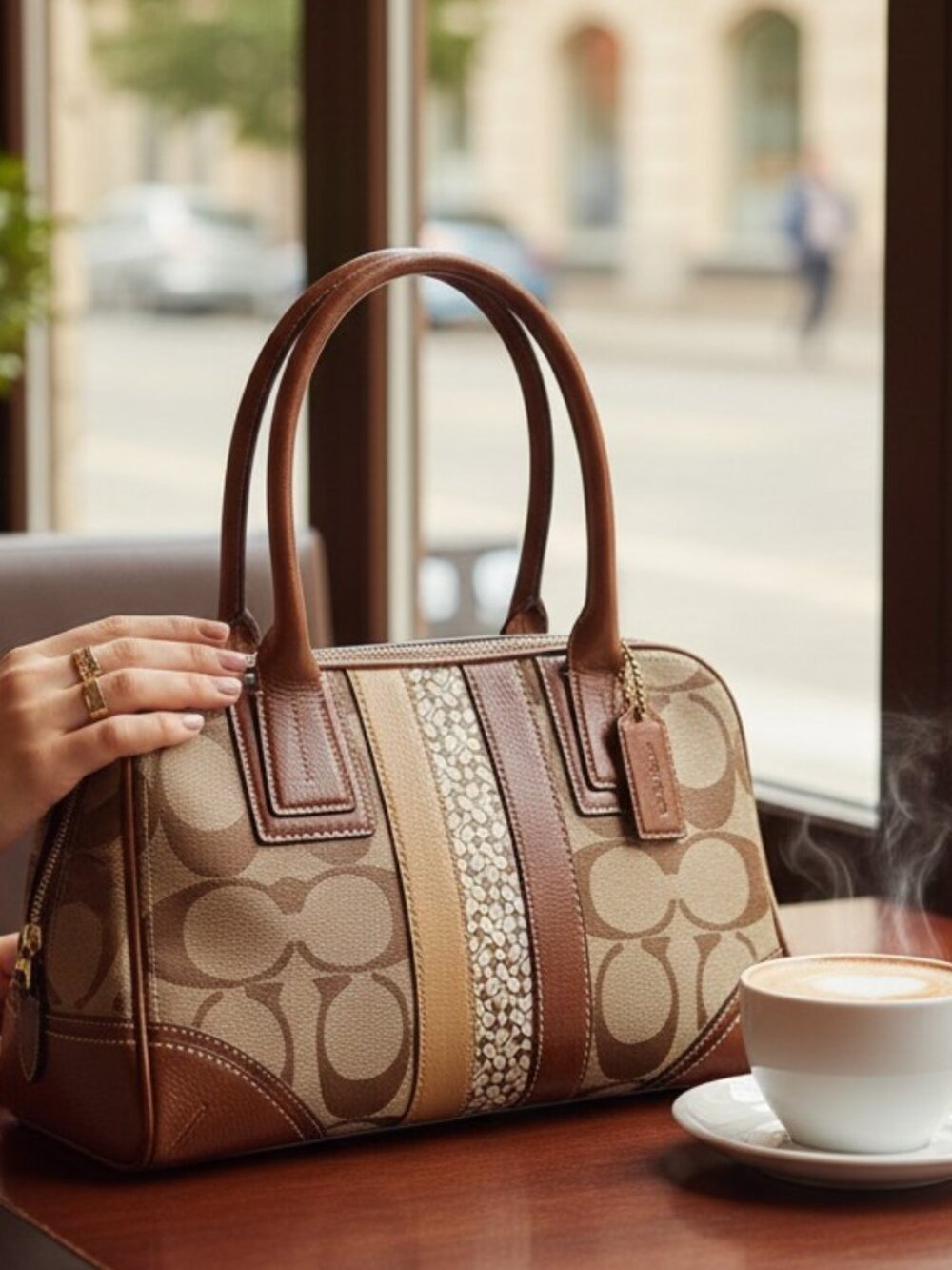 Coach Hampton Signature Striped Satchel Khaki Brown Bowler Bag